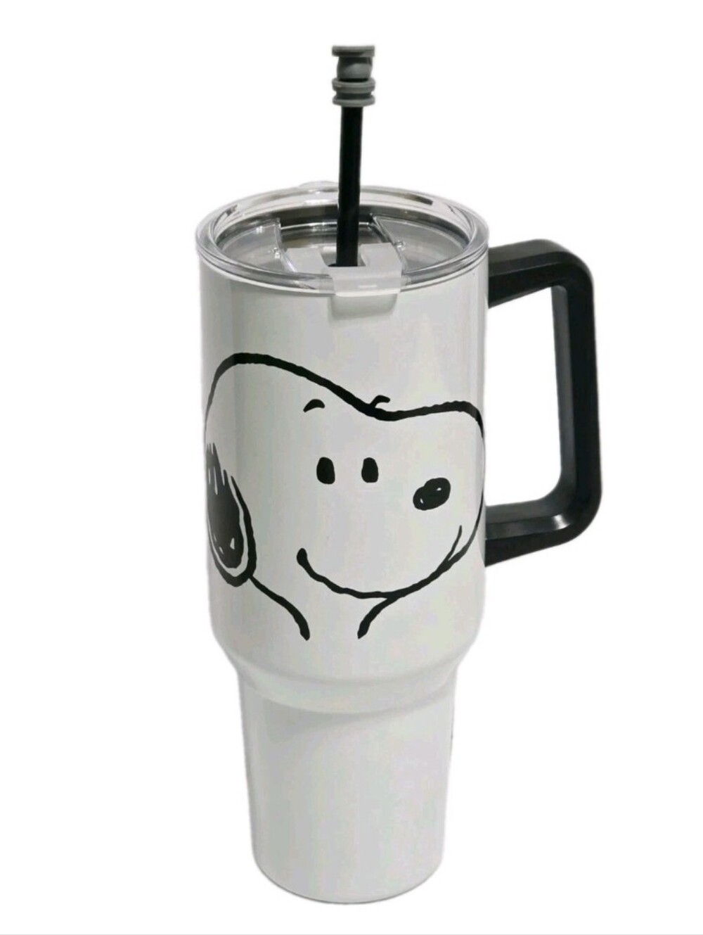 Peanuts Snoopy 40 oz Tumbler White Cup Black Handle with Straw Topper Stainless